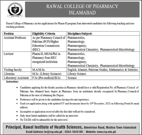 Rawal College of Pharmacy Islamabad Jobs 2022 December Teaching Faculty & Others Latest