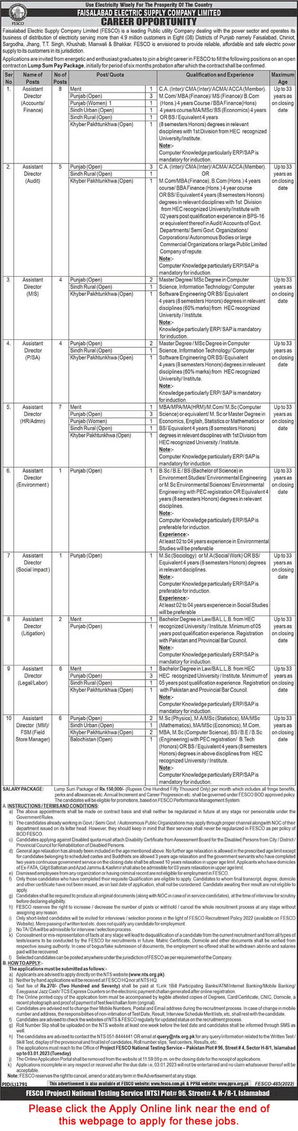Assistant Director Jobs in FESCO December 2022 NTS Apply Online WAPDA Faisalabad Electric Supply Company Latest