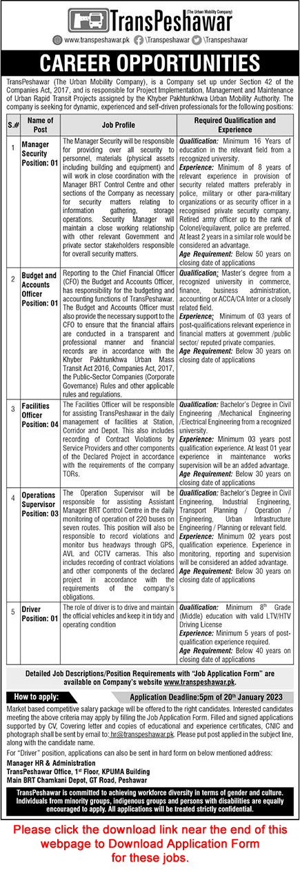 Trans Peshawar Jobs 2023 Application Form Facilities Officers, Operations Supervisors & Others Latest