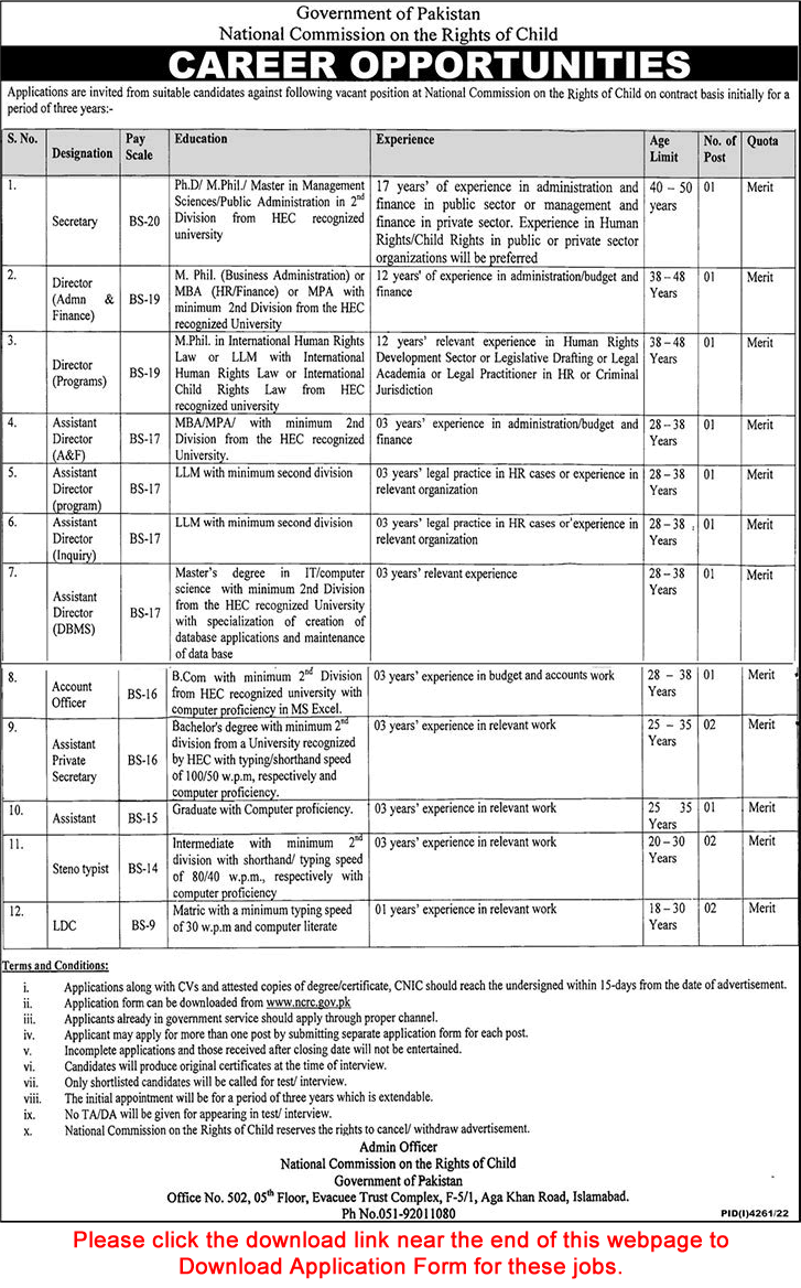 National Commission on the Rights of Child Islamabad Jobs 2023 Application Form Download Assistant Directors & Others Latest