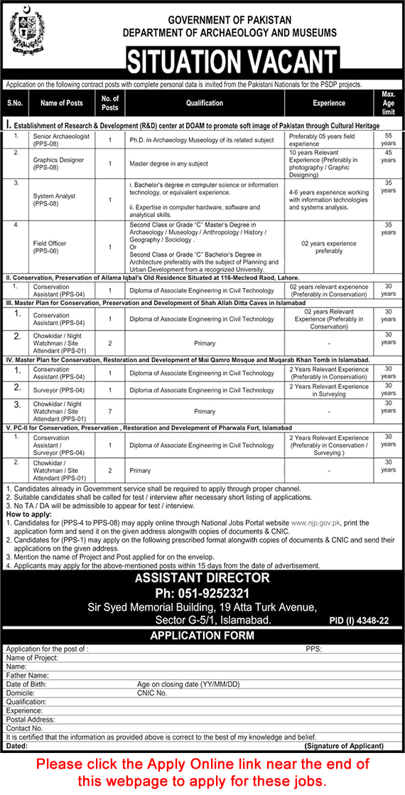 Department of Archaeology and Museum Islamabad Jobs 2023 Apply Online Chowkidar & Others Latest