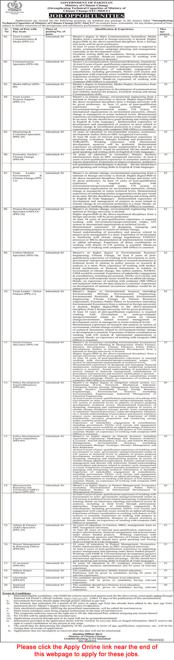 Ministry of Climate Change Islamabad Jobs 2023 Apply Online Communication Specialists & Others Latest