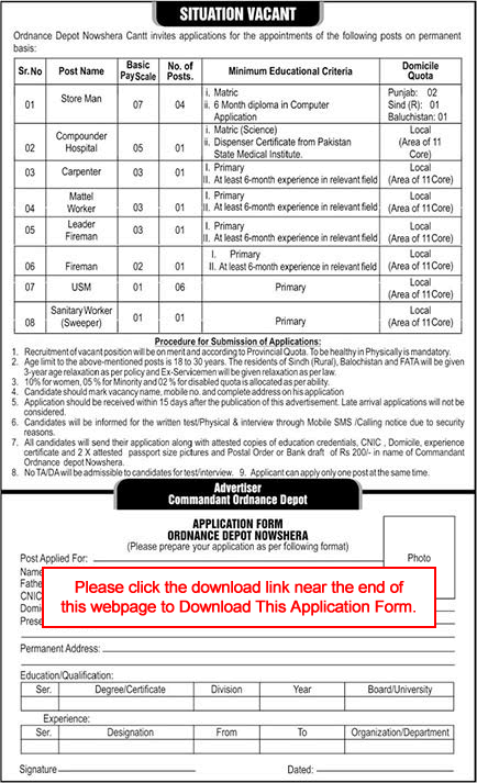 Ordnance Depot Nowshera Jobs 2023 Application Form Storeman, USM Labour & Others Latest
