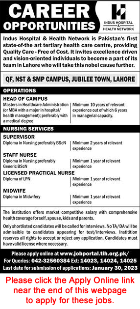Indus Hospital Lahore Jobs 2023 Apply Online Nurses, Midwife & Others Latest