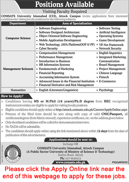 Teaching Faculty Jobs in COMSATS University Attock 2023 CUI Apply Online Latest