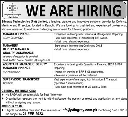 Stingray Technologies Pvt Ltd Karachi Jobs 2023 February Assistant Manager, Transport Supervisor & Others Latest