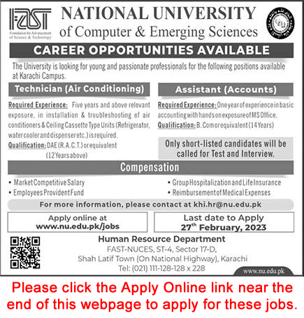 FAST National University Karachi Jobs 2023 February Apply Online AC Technician & Accounts Assistant Latest