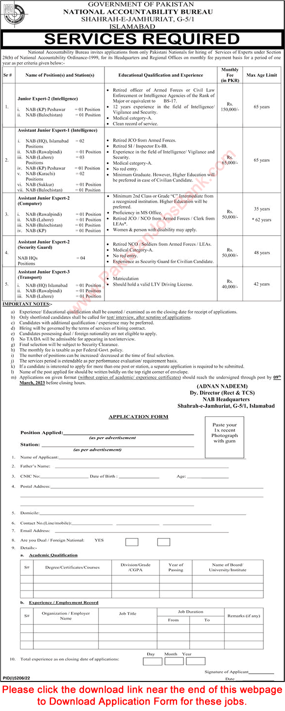Assistant Junior Expert Jobs in NAB 2023 February Application Form National Accountability Bureau Latest