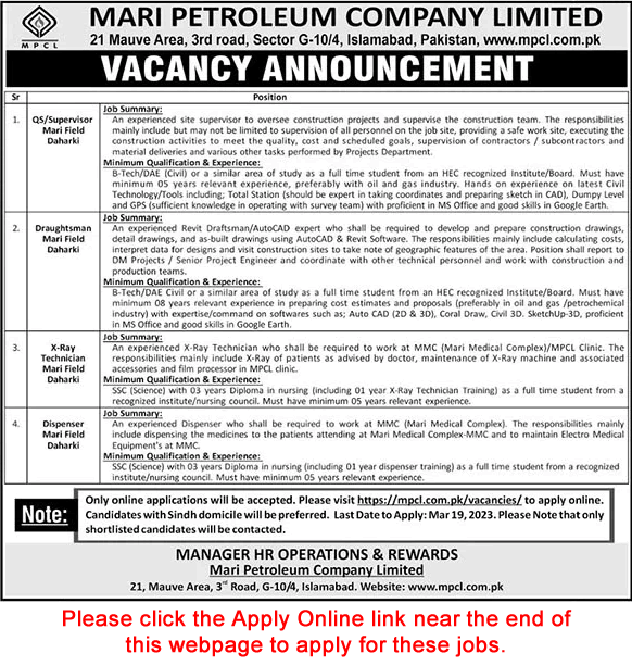 Mari Petroleum Company Limited Jobs 2023 March Apply Online Draughtsman, Supervisor & Others Latest