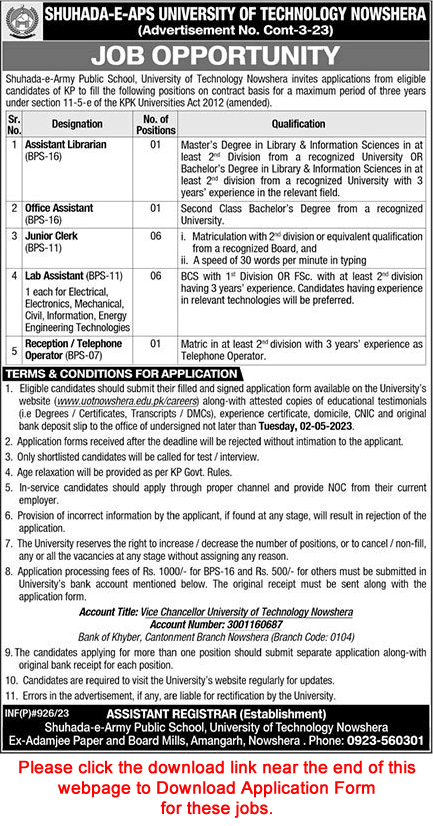 Shuhada e APS University of Technolgoy Nowshera Jobs 2023 April Application Form Clerks, Lab Assistants & Others Latest