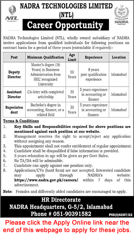 NADRA Technologies Limited Islamabad Jobs April 2023 Apply Online Deputy / Assistant Directors & Superintendent Latest