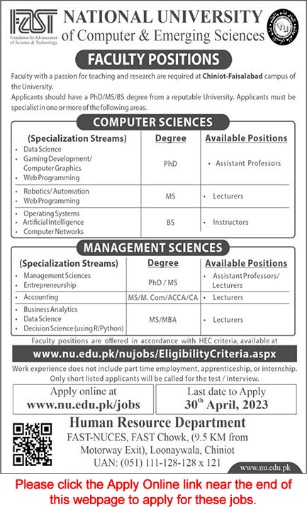 FAST National University Chiniot Faisalabad Campus Jobs 2023 April Apply Online Teaching Faculty Latest