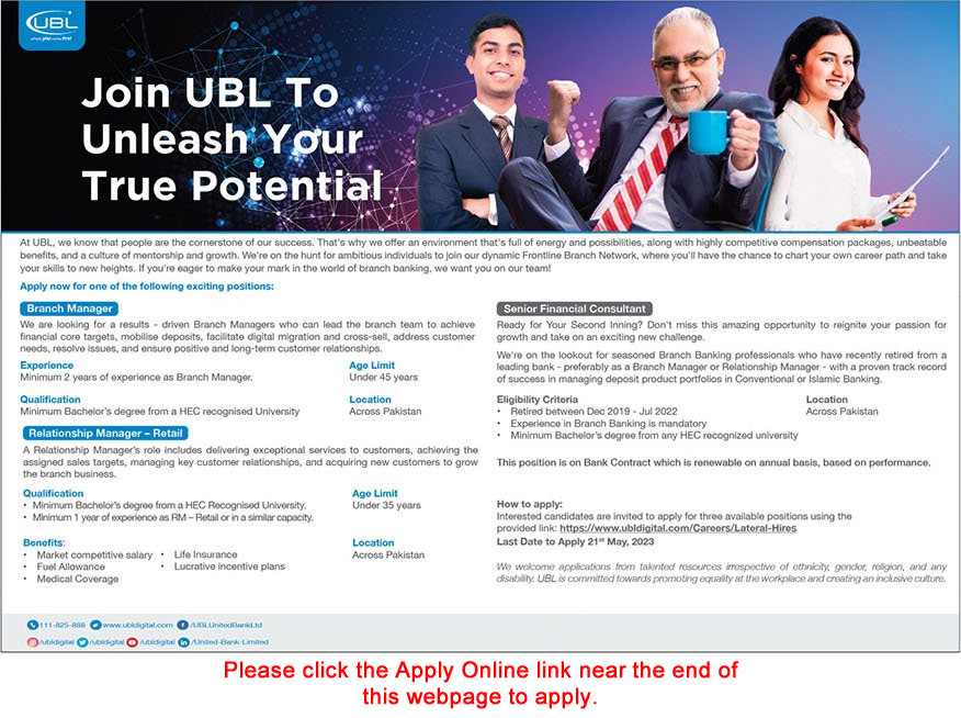 UBL Jobs May 2023 Apply Online Branch Managers, Relationship Managers & Others Latest