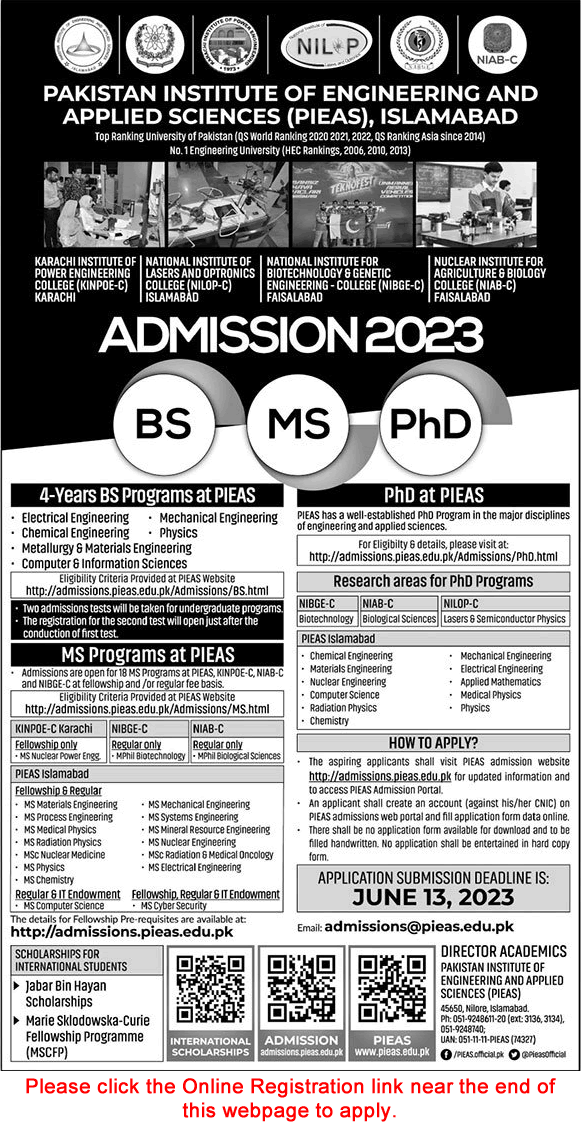 PIEAS Fellowships May 2023 MS / Postgraduate Programs for Engineers, Scientists & Doctors in PAEC KINPOE Apply Online Latest