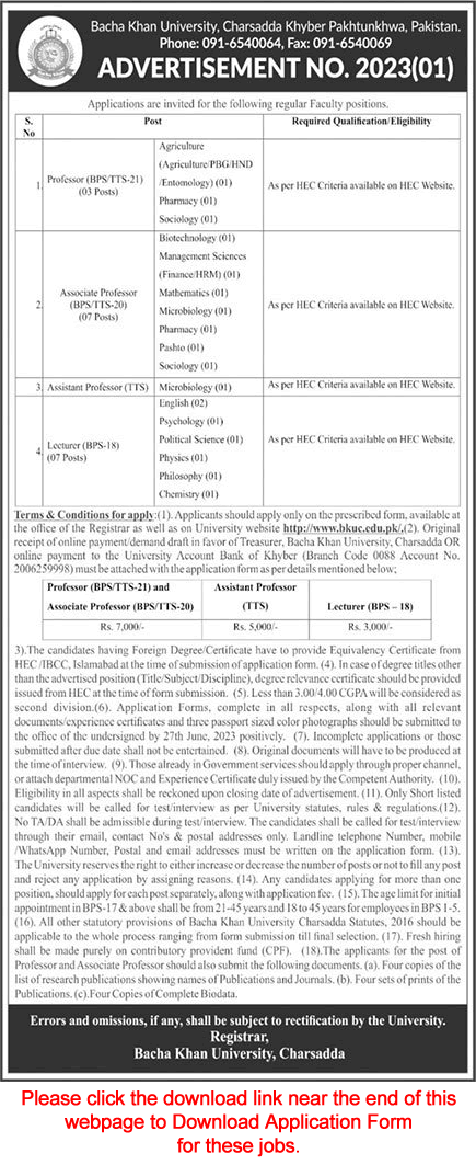 Bacha Khan University Charsadda Jobs 2023 June Application Form Teaching Faculty Latest