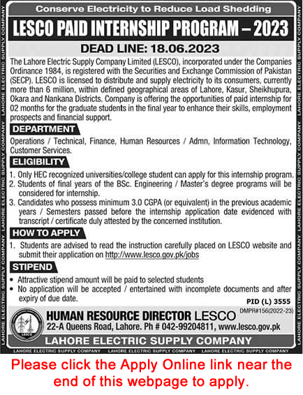 LESCO Paid Internship Program 2023 June Apply Online WAPDA Lahore Electric Supply Company Latest