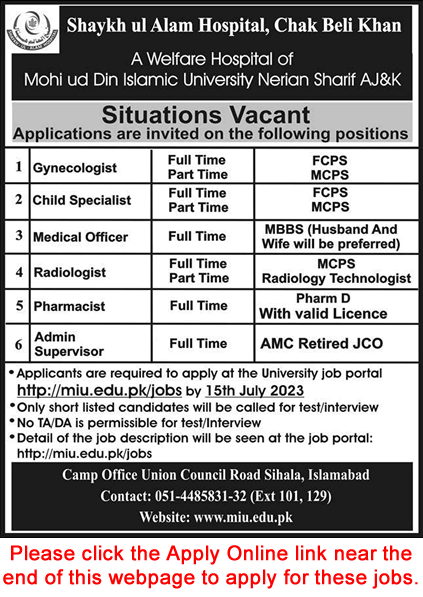 Shaykh Ul Alam Hospital Chak Beli Khan Rawalpindi Jobs 2023 July Apply Online Latest