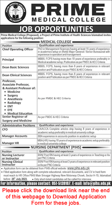 Prime Medical College Islamabad Jobs 2023 July Application Form Teaching Faculty & Others Latest