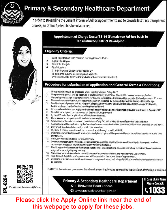 Charge Nurse Jobs in Primary and Secondary Healthcare Department Punjab August 2023 Apply Online Latest