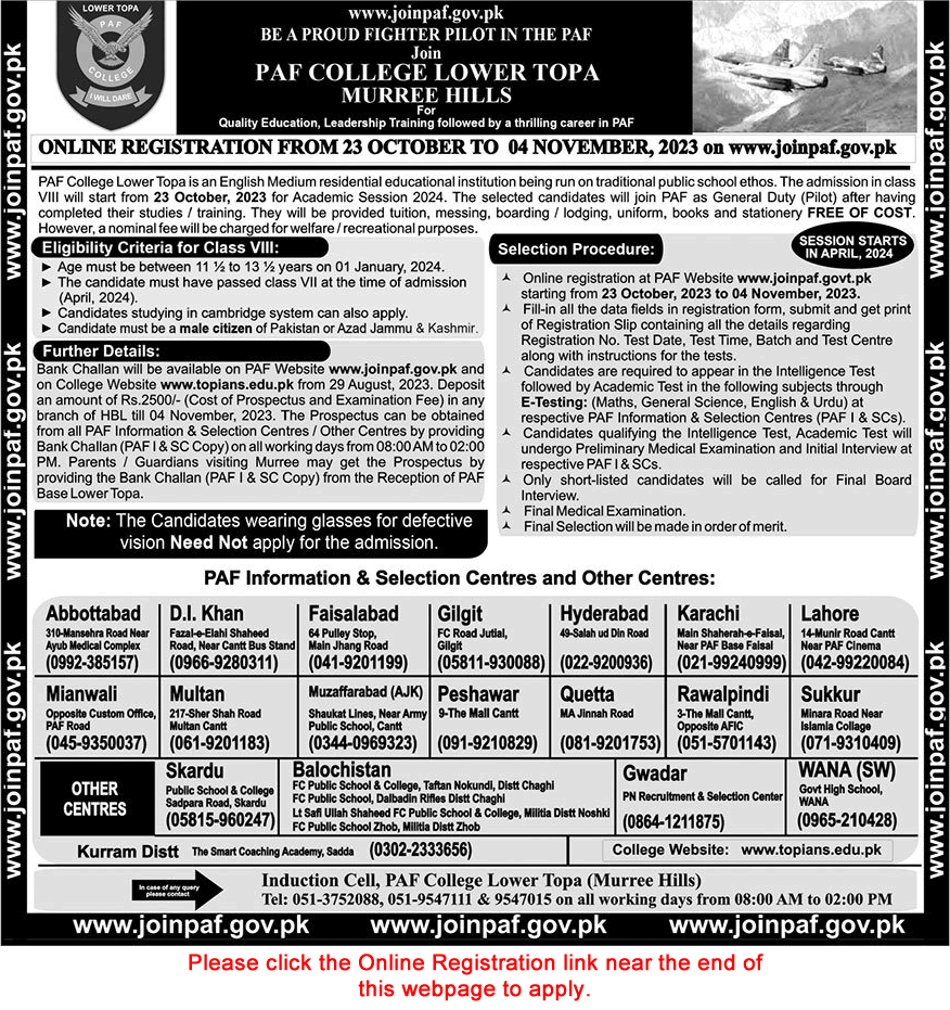 PAF College Lower Topa Murree Admission 8th Class 2023 Join to be a GD Pilot Online Registration Latest