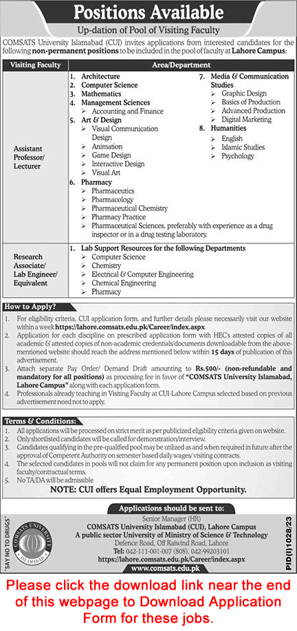 COMSATS Lahore Jobs August 2023 Application Form Teaching Faculty & Others Latest