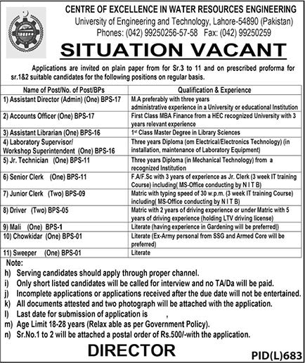 UET Lahore Jobs August 2023 Centre of Excellence in Water Resources Engineering Latest