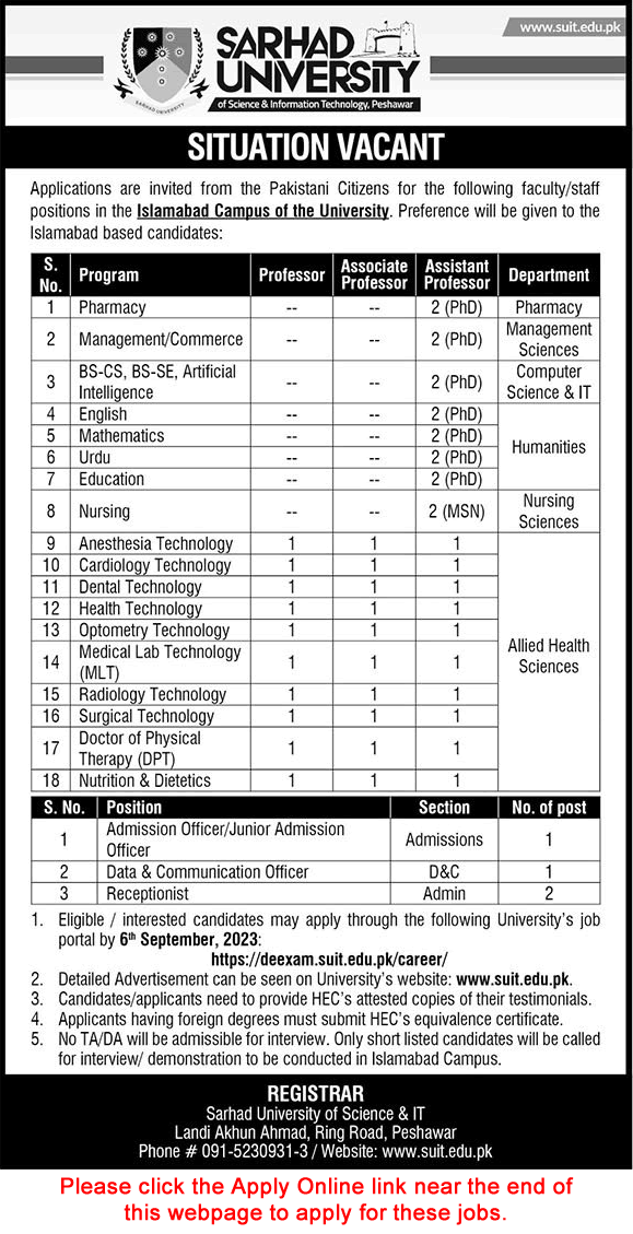 Sarhad University Islamabad Campus Jobs 2023 August Apply Online Teaching Faculty & Others Latest