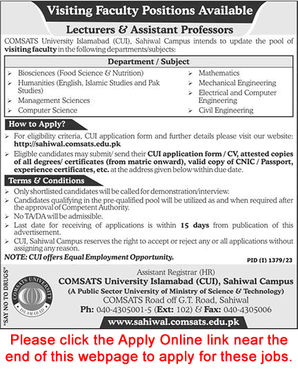 COMSATS University Sahiwal Campus Jobs 2023 September Online Application Form Teaching Faculty CUI Latest