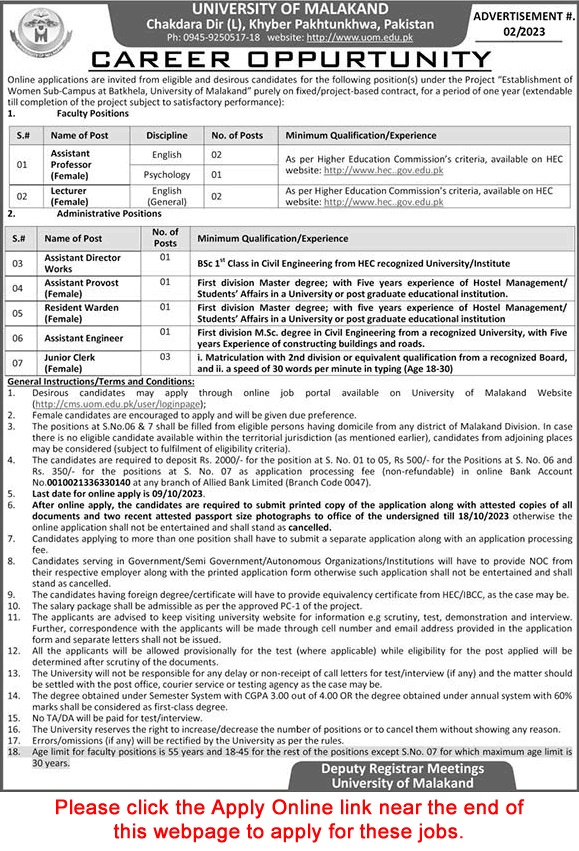 University of Malakand Jobs September 2023 Apply Online Teaching Faculty & Others Latest