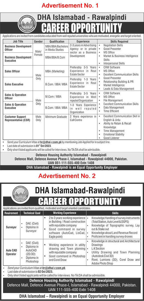 DHA Islamabad / Rawalpindi Jobs September 2023 Sales Executive / Officers & Others Latest
