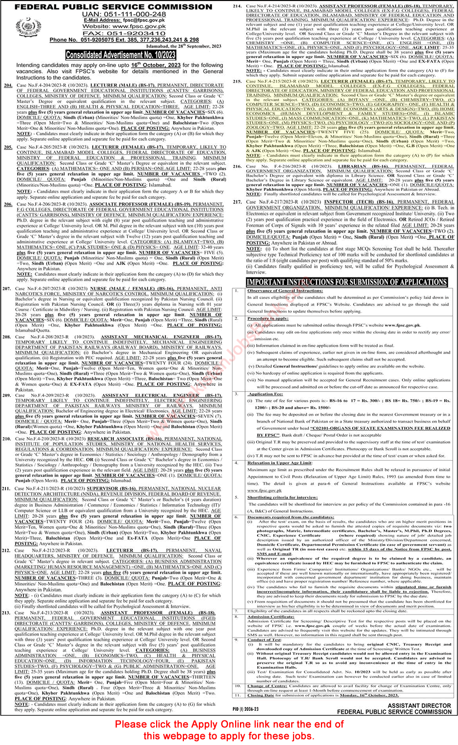 Female Lecturer Jobs in Federal Directorate of Education 2023 October FPSC Apply Online Latest