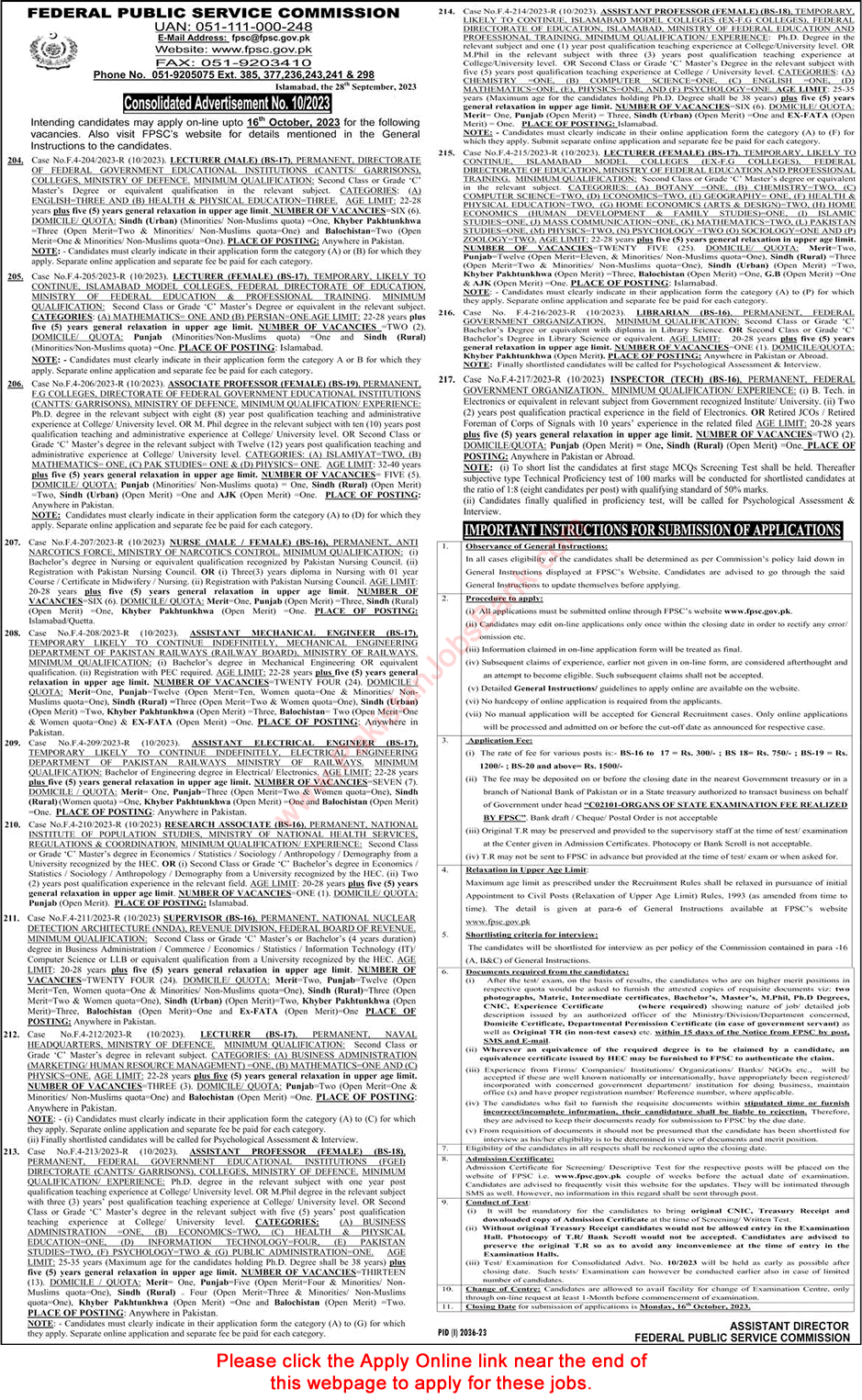 FPSC Jobs October 2023 Online Apply Consolidated Advertisement No 10/2023 Latest