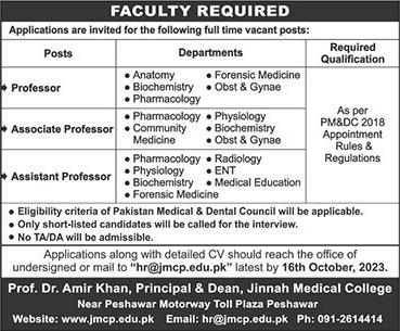 Jinnah Medical College Peshawar Jobs 2023 October for Teaching Faculty Latest