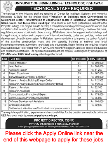 UET Peshawar Jobs October 2023 Apply Online Graduate Engineers & Others Latest