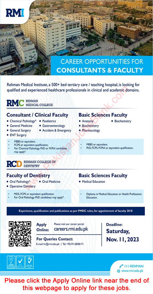 Teaching Faculty Jobs in Rehman Medical Institute Peshawar November 2023 Apply Online RMC / RCD Latest