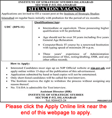 Clerk Jobs in Institute of Strategic Studies Islamabad 2023 November Apply Online Latest
