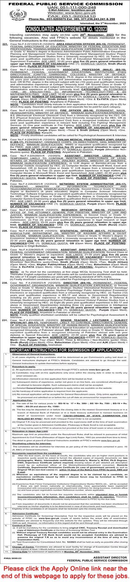 FPSC Jobs November 2023 Apply Online Consolidated Advertisement No 12/2023 Latest