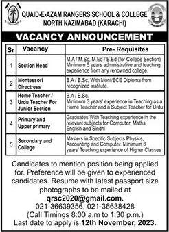 Quaid e Azam Ranger School and College Karachi Jobs 2023 November Teachers & Others Latest