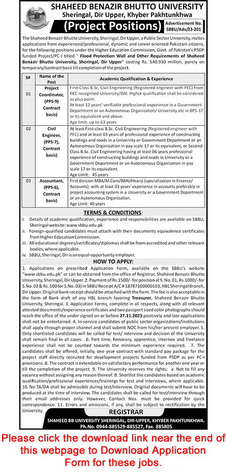 Shaheed Benazir Bhutto University Sheringal Jobs 2023 November Dir Upper Application Form Latest