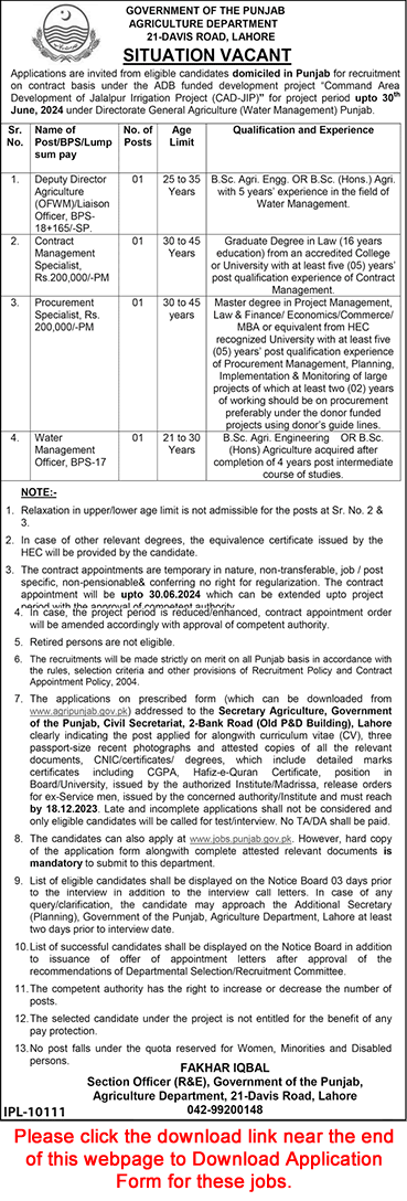 Agriculture Department Punjab Jobs December 2023 Application Form Water Management Officer & Others Latest