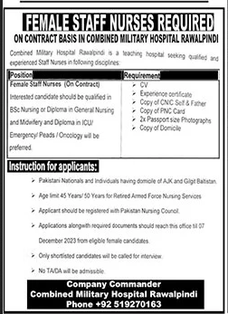 Staff Nurse Jobs in CMH Hospital Rawalpindi December 2023 Combined Military Hospital Latest