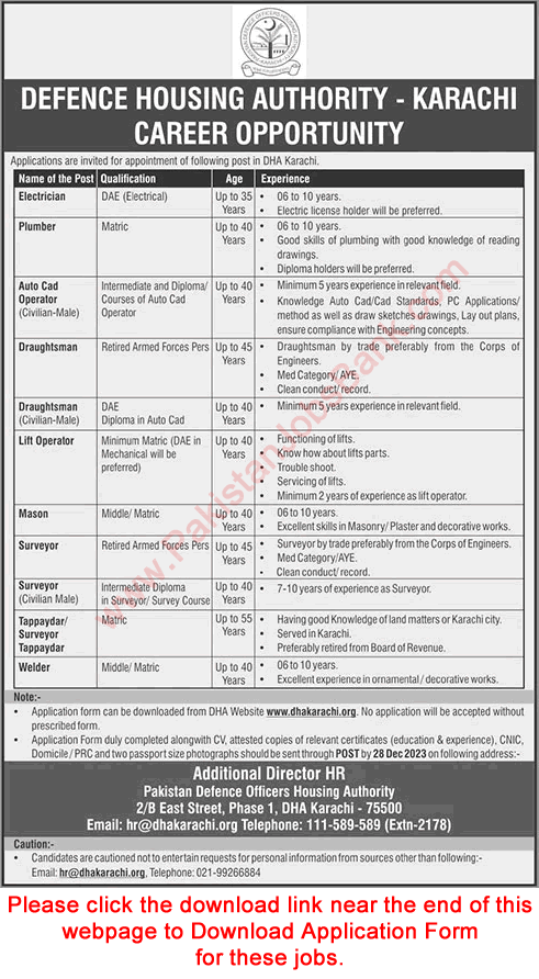 DHA Karachi Jobs December 2023 Application Form Defence Housing Authority Latest