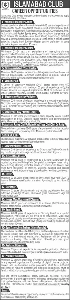 Islamabad Club Jobs December 2023 / 2024 Latest