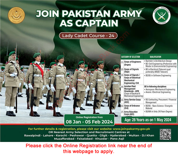 Lady Cadet Course 2024 Online Registration Join Pakistan Army as Captain Latest Advertisement