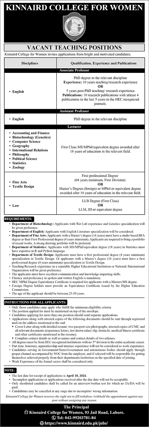 Kinnaird College for Women Lahore Jobs March 2024 April Teaching Faculty KCW Latest