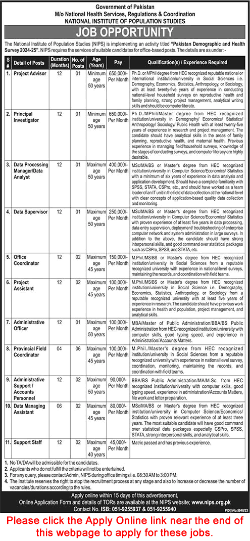 National Institute of Population Studies Jobs April 2024 NIPS Islamabad Online Application Form Latest