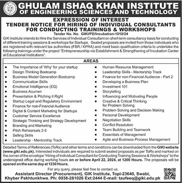 Consultant Jobs in GIKI Institute of Engineering Sciences and Technology Swabi 2024 April Latest