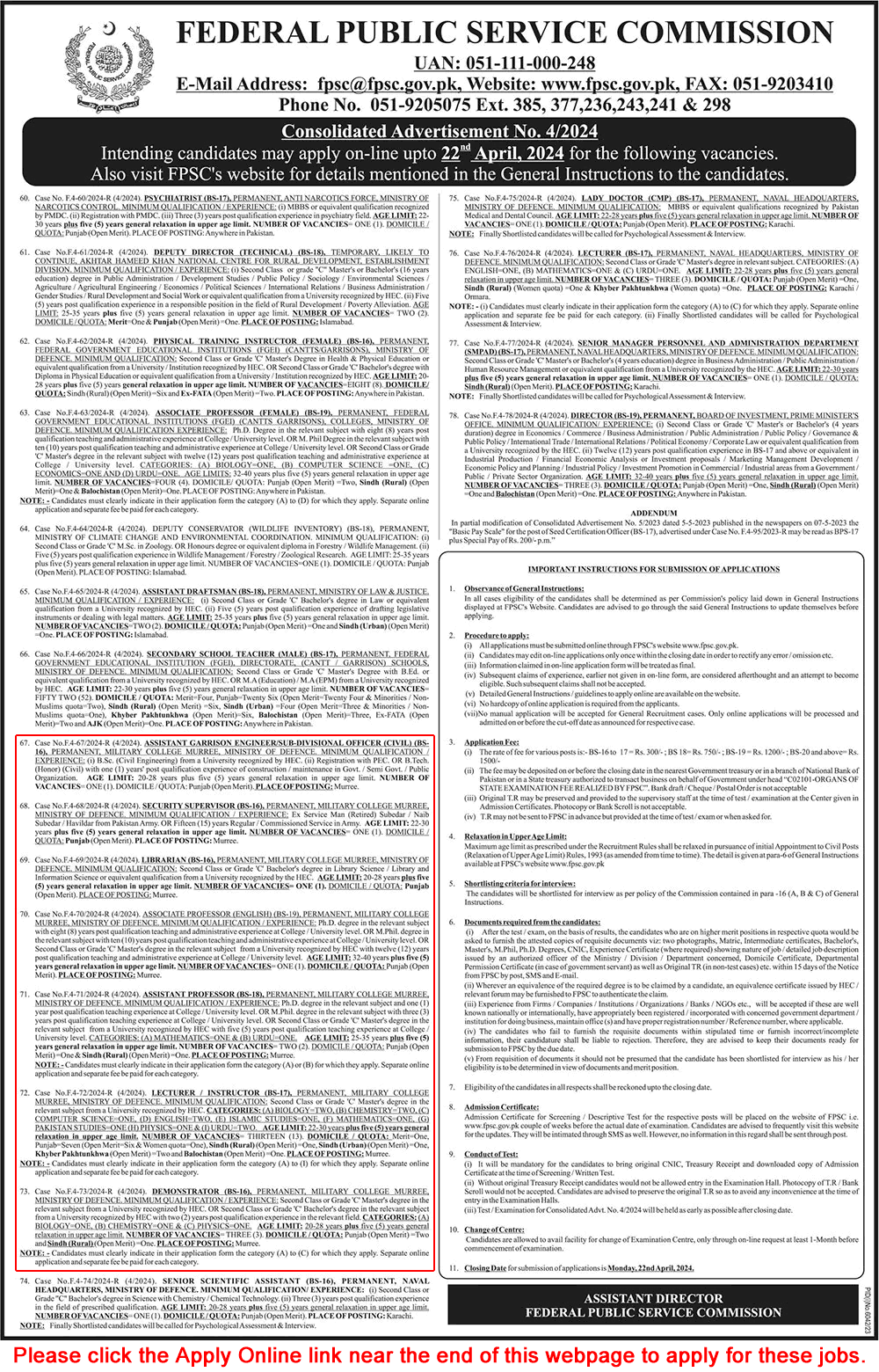 Military College Murree Jobs 2024 April FPSC Apply Online Lecturers / Instructors & Others Latest
