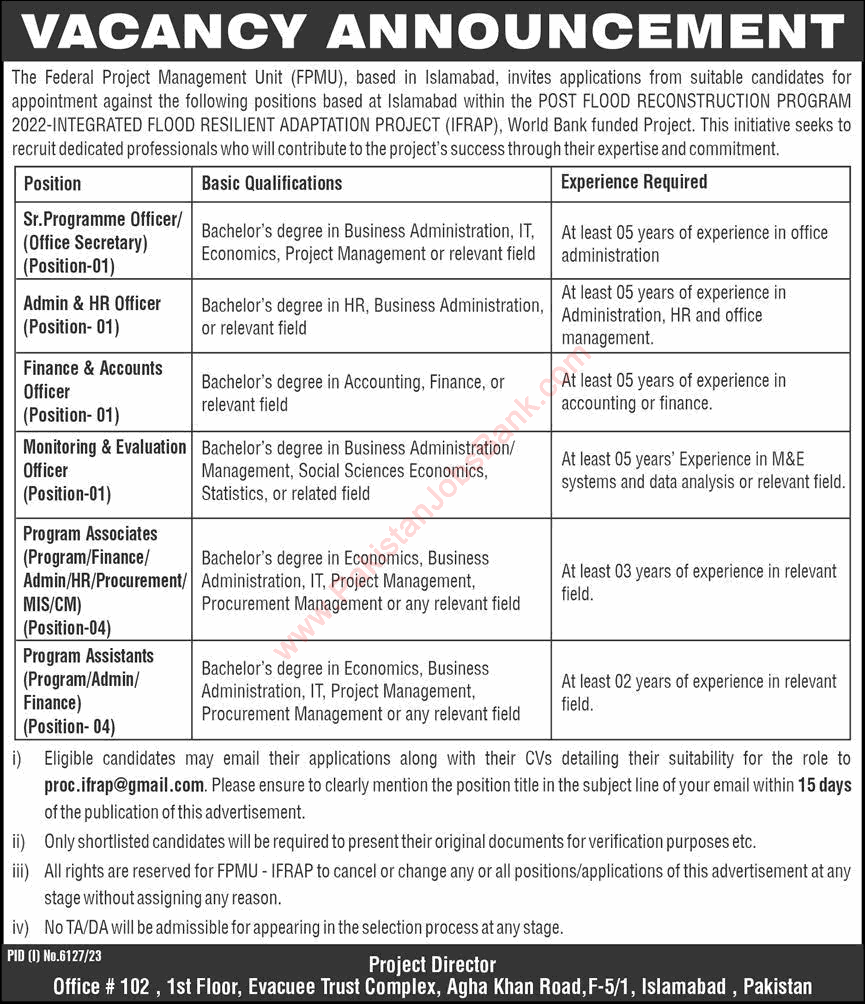 IFRAP Islamabad Jobs 2024 April FPMU Integrated Flood Resilient and Adaptation Project Latest