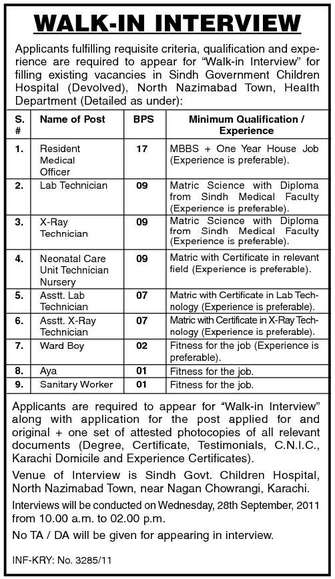 Walkin Interview in Sindh Govt. Childern Hospital